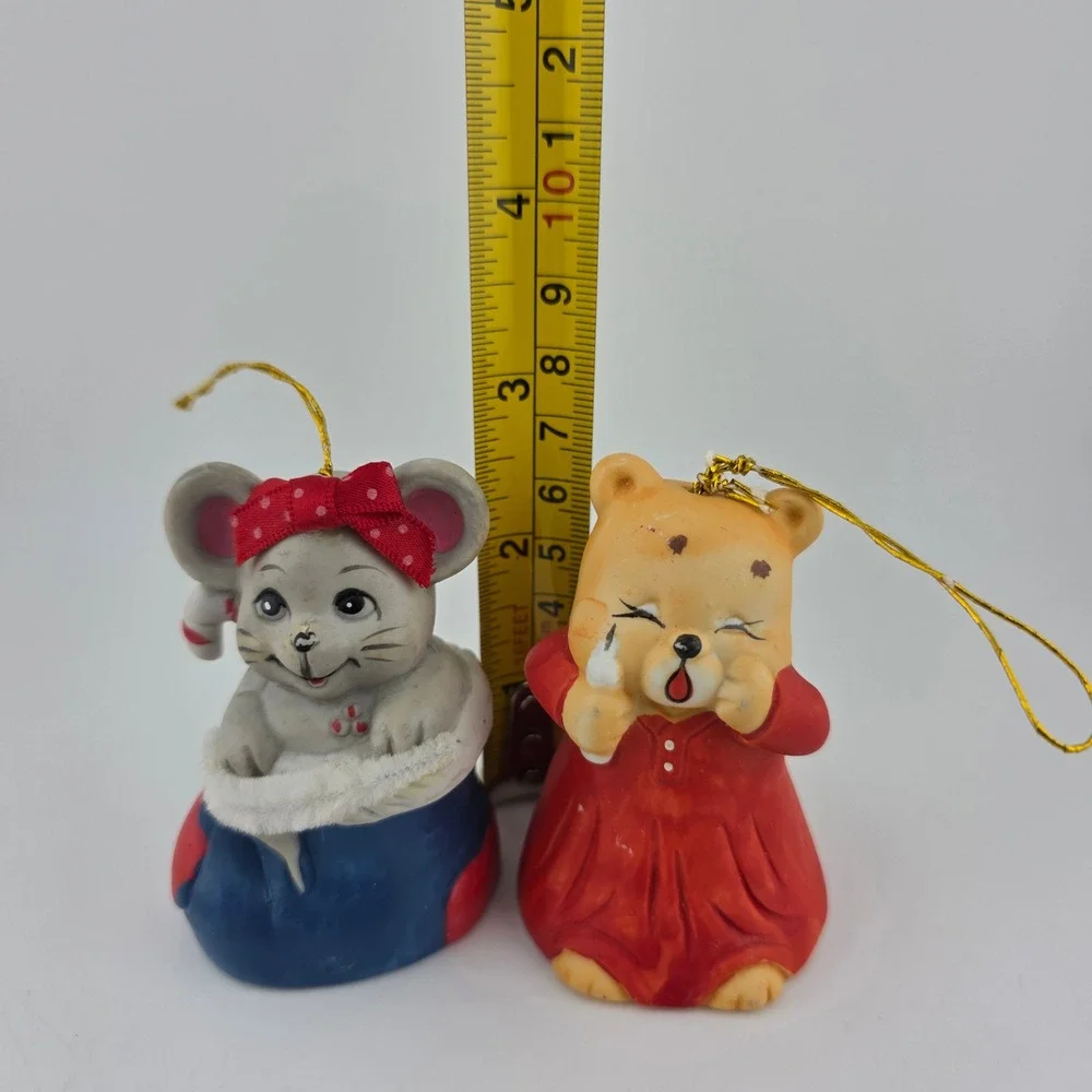 1986 Giftco Mouse‎ in Stocking & Sleepy Bear Nightgown Porcelain Bell Ornaments